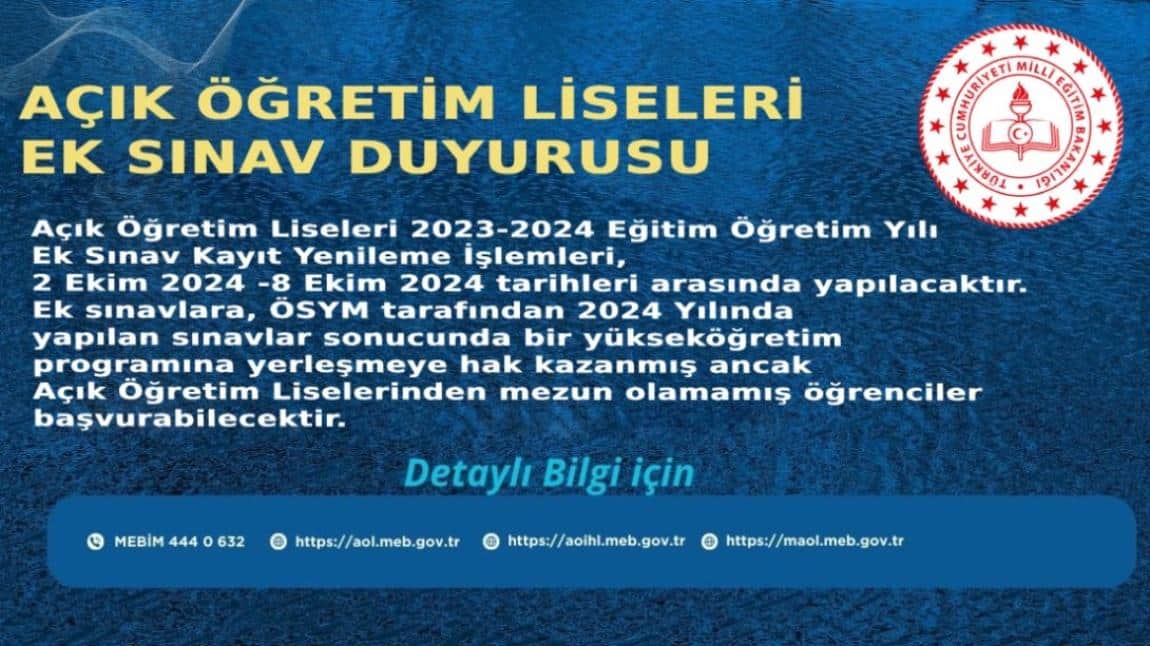 AÇIK ÖĞRETİM LİSELERİ EK SINAV DUYURUSU